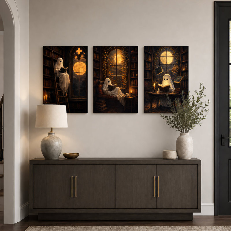 Trois fantômes lisant des livres dans une bibliothèque, ensemble de 3 toiles d'Halloween, 30"H x 20"W x 3pcs