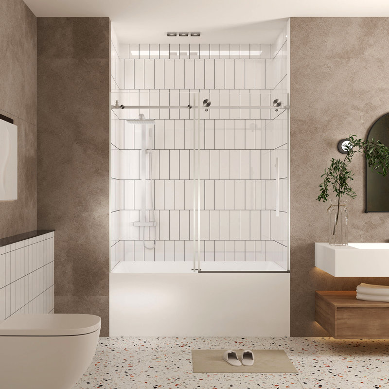 Frameless Shower Door 60 "W X 60" H, 1/4 "(6 Mm) Clear Tempered Glass, Explosion Proof Film, Stainless Steel Handle