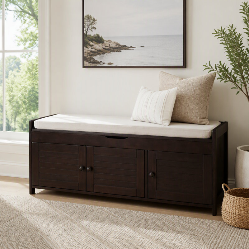Banc de rangement rustique avec portes à volets et compartiment caché, Espresso