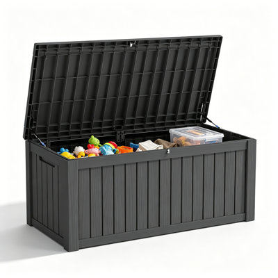 150 Gallon Durable resin outdoor storage deck box with waterproof uv-resistant design, ideal for patio cushions, pool toys and garden tools, Black