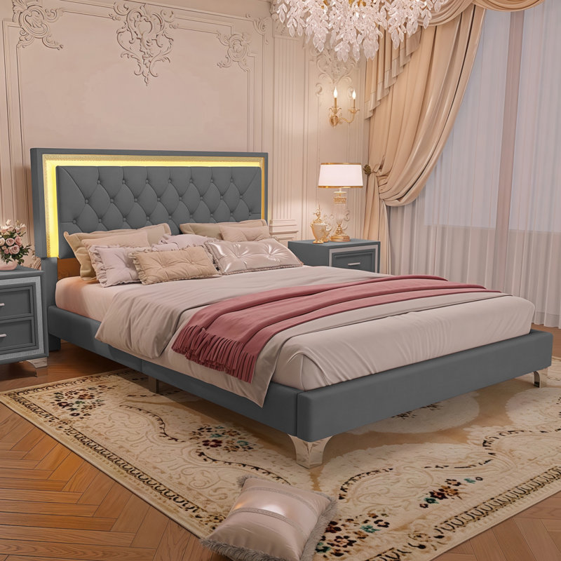 Structure de lit tapissier avec lumières DEL, lit plateforme en velours moderne avec tête de lit capitonnée, Gris, Grand
