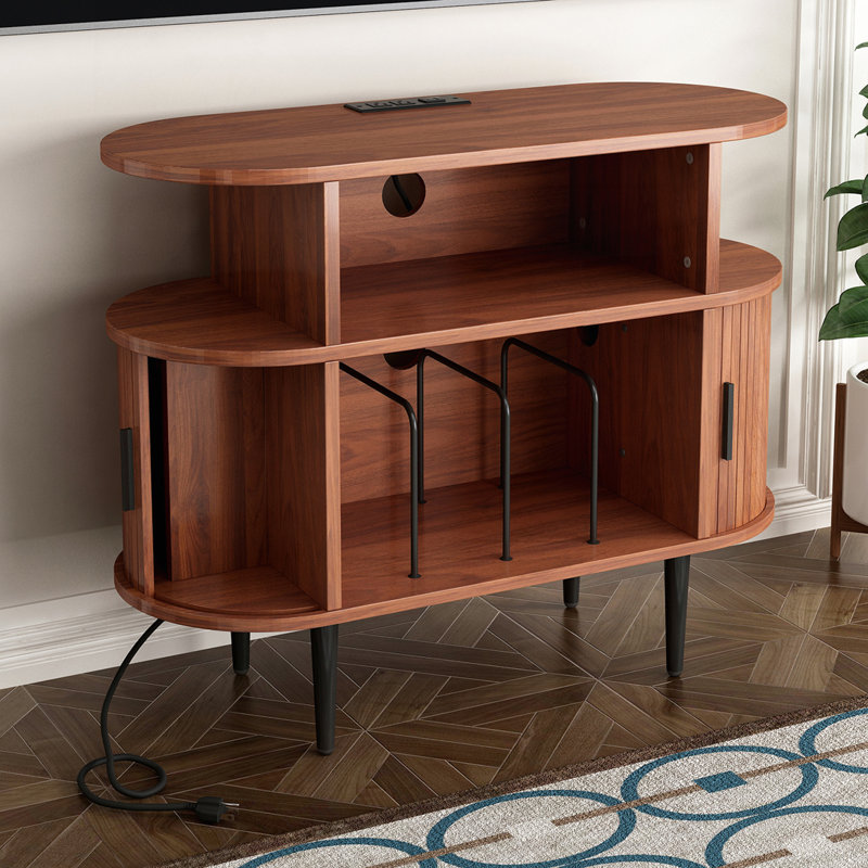 Grand support pour tourne-disque rond avec station de charge et ports USB, style Mid-Century moderne