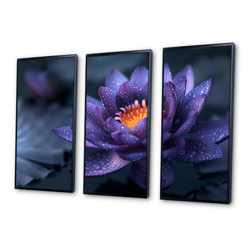 Mauve, gris, lotus mystique, Bloom II, Toile avec cadre flottant noir, H 28 po x l 36 po x P 1 po