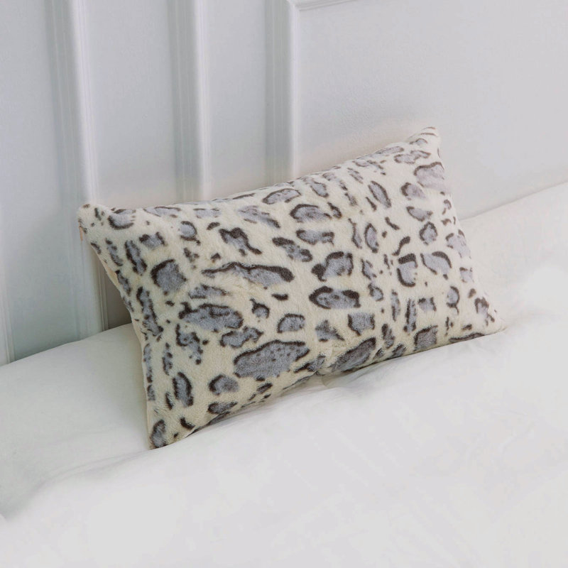 Set of 2 Gray Animal Print Faux Fur Lumbar Throw Pillows