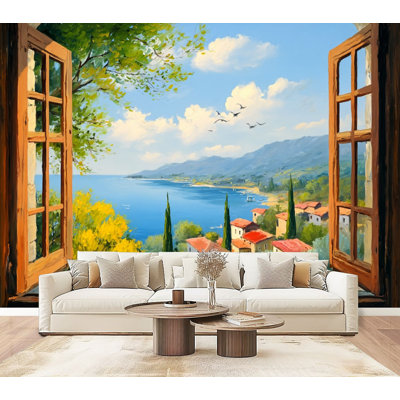 Papier peint adhésif auto-adhésif moderne pour la chambre à coucher Village de bord de mer méditerranéen L 144 "x l 100" Peel and Stick