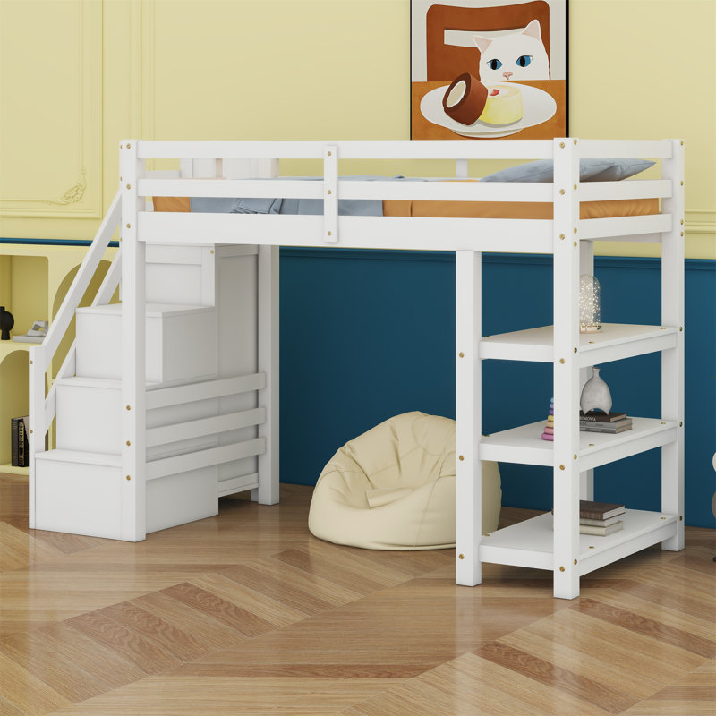 Lit mezzanine avec tablettes, escalier de rangement, petite armoire et lumière DEL blanche, Lit simple