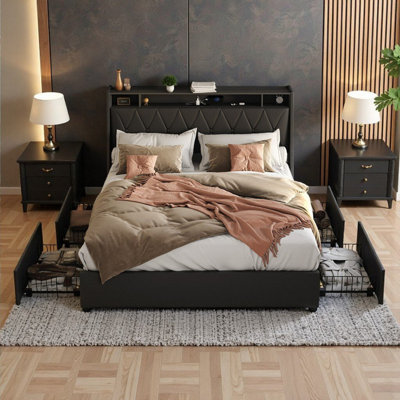 Cadre de grand lit avec chargeur USB, tablette de rangement, tête de lit ergonomique, aucun sommier nécessaire