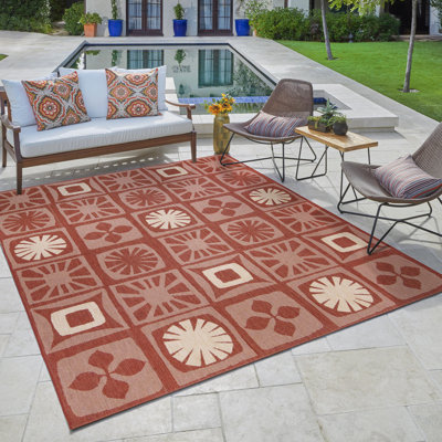 Reyn Spooner Oahu Red Beige Totum Checkered Tropical Flatweave Indoor/Outdoor Area Rug