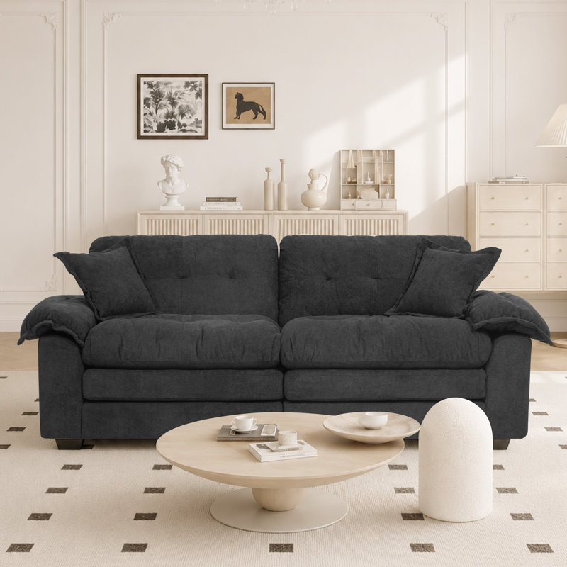 Geneveve 84" Chenille Upholstered Pillow-Top Arm Loveseat Sofa with Memory Foam Cushions and Pocketed Coil Springs, Black