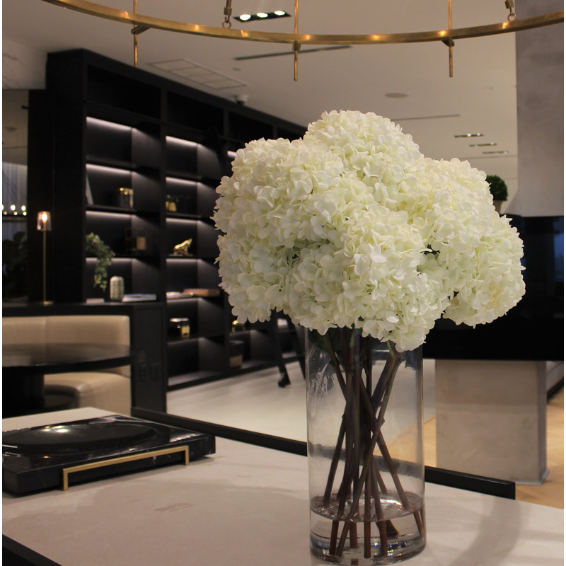 White Hydrangeas In Clear Glass Cylinder Vase, White, 27" H x 18" W x 18" D