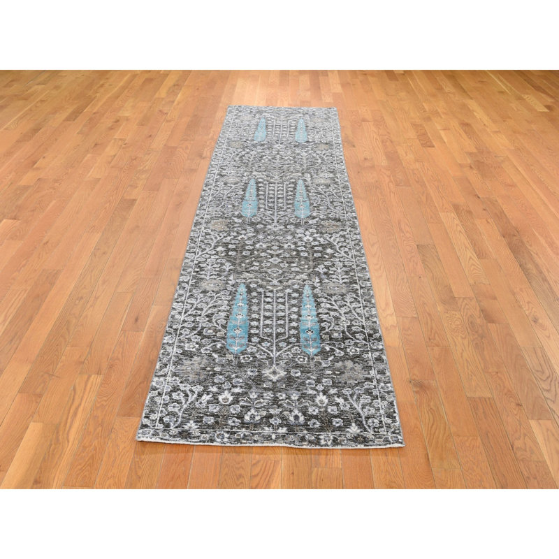 Tapis de couloir cyprès 2 pi 7 po x 10 pi 1 po en soie avec laine noué à la main 886E9F07A56D4C6FB14320E486E2C650