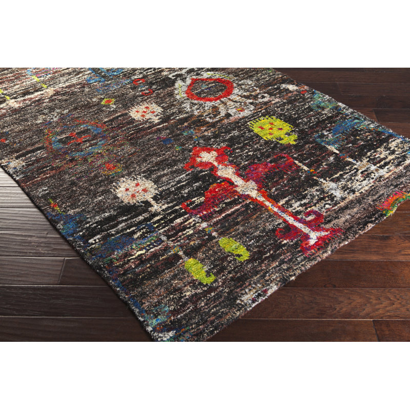 Tapis brun foncé / rouge foncé en soie noué à la main Diba, Rectangle 5 pi x 8 pi