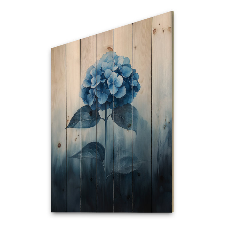 Hortensias bleus dans le rêve de la brume III - décoration murale en bois d'hortensias - sur bois de pin naturel