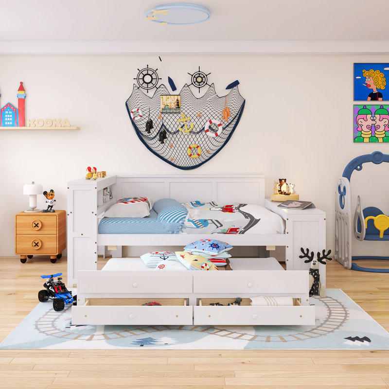 Wood Frame Full Size Daybed With Charging Station,LED Light And Storage Shelves, White
