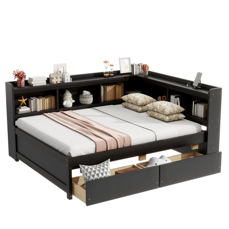 Full Size L-shaped Bookcases Bed with Power Outlets, USB Charging Ports,Two Drawers,Tan, Tan, Full