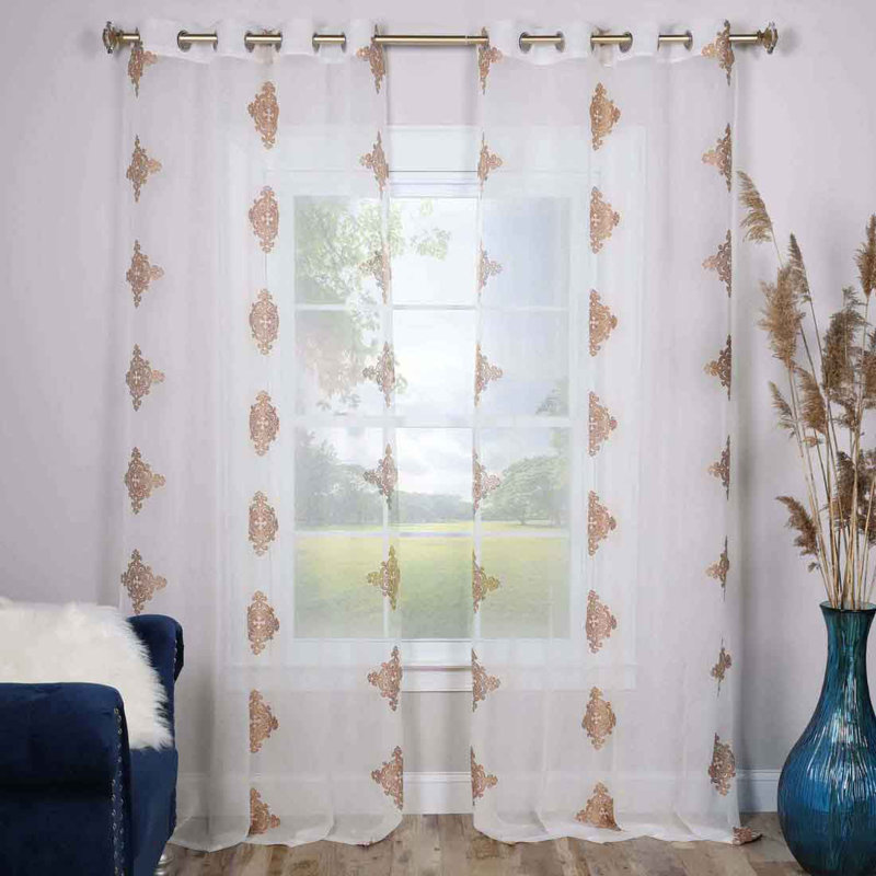 Patric Lightweight Damask Sheer Grommet Curtain Panels, 52" x 96", Gold