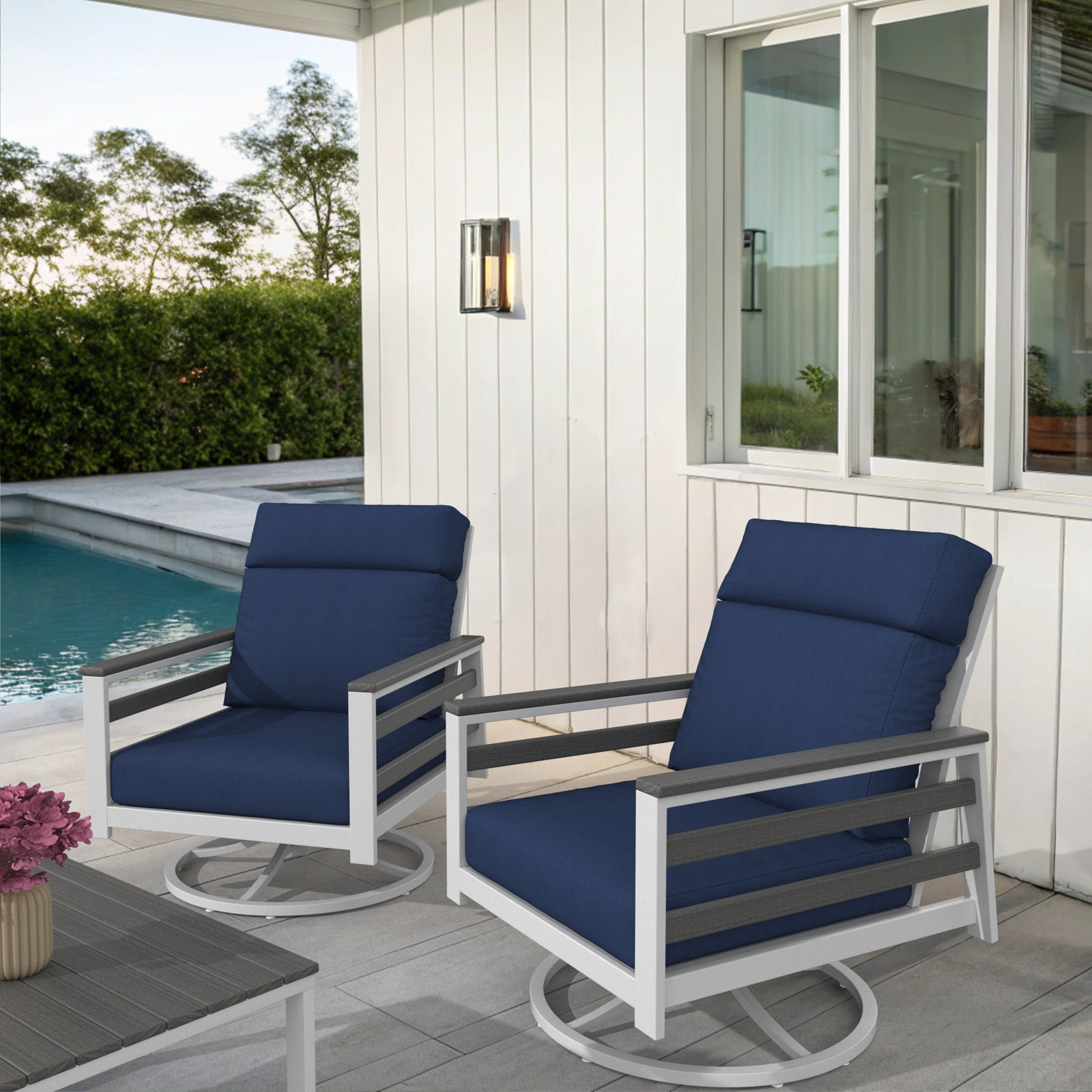 Townsend Sunbrella® Swivel Patio Lounge Chair, Canvas Navy, Gray/White