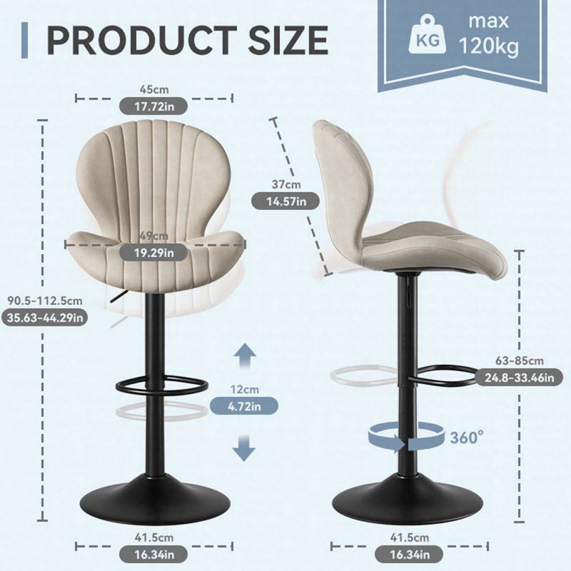 Tabouret de bar pivotant moderne avec dossier haut, chaise de bar à hauteur de comptoir, Beige