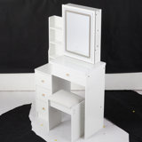Small Size Left Bedside Cabinet Vanity Table + Cushioned Stool, Large Sliding, Touch Control, Tri-Color Switching, Brightness Adjust LED Mirror, High Capacity Storage