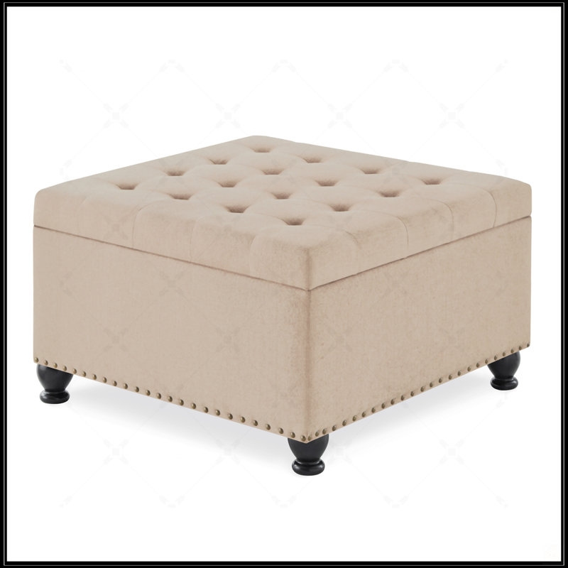Grand repose-pieds de rangement carré avec pieds en bois, Brun