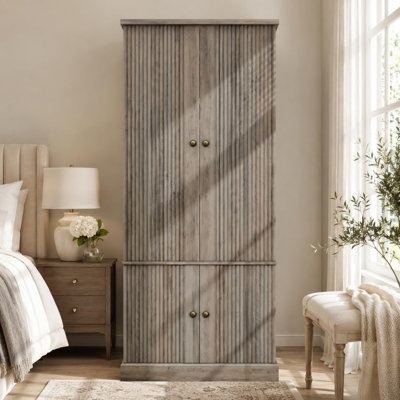 Armoire en bois de 182 cm de haut avec 4 portes et 53 cm de profondeur, tringle et étagères réglables, charnières à fermeture douce, trousse anti-basculement – ​​pour chambre à coucher