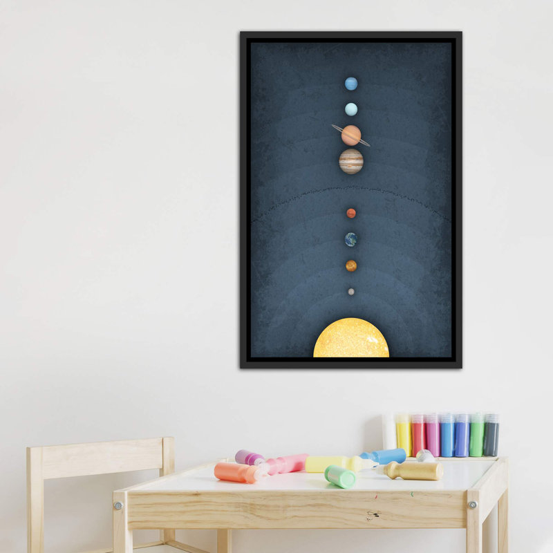Système solaire II, art encadré, H 60 po x l 40po x P 1,5 po, Toile avec cadre noir patiné