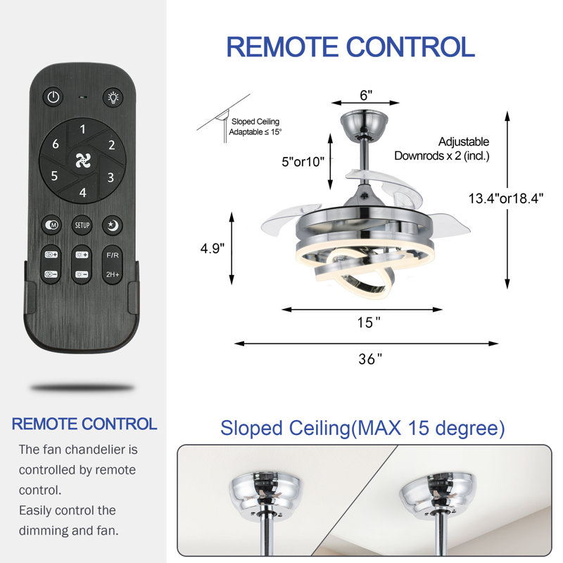 Eucptus 36" Metal Ceiling Fan with Adjustable LED Light Kit for Bedroom, Chrome