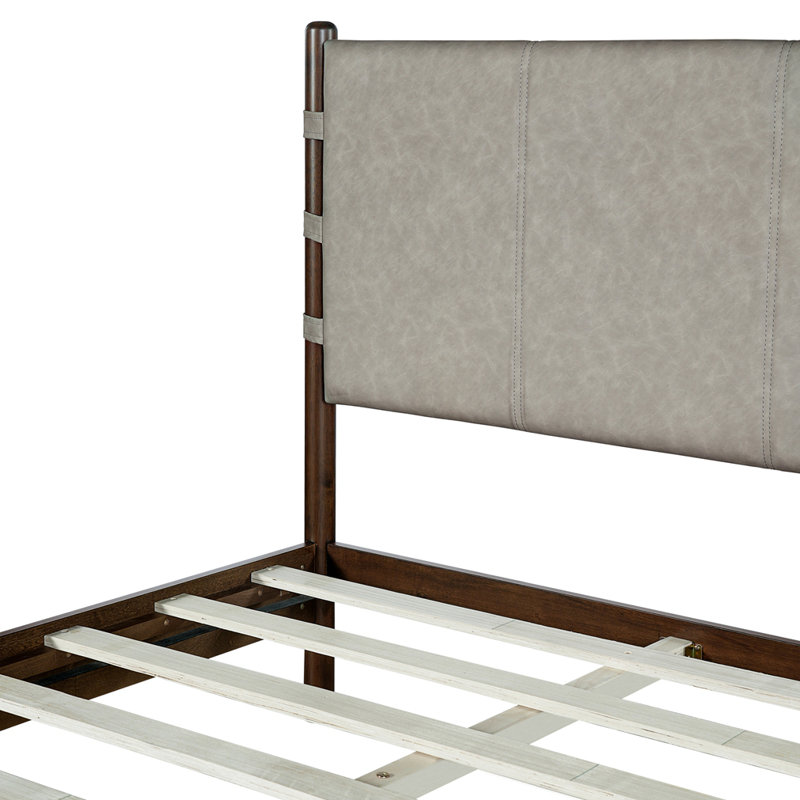 Larkston Mid-Century Modern Rubber Wood Platform Bed With Faux Leather Headboard, Queen, Light Gray/Walnut