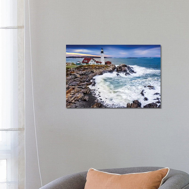 Aerial View Of Storm Rolling In Cape Elizabeth Lighthouse Portland Maine by Susanne Kremer - Wrapped Canvas Print