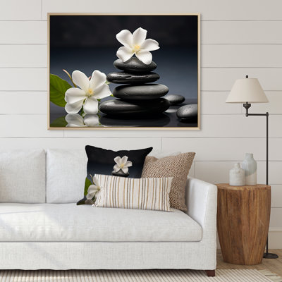 Zen Black River Stone Blooming Magnolias - Lily Canvas Print