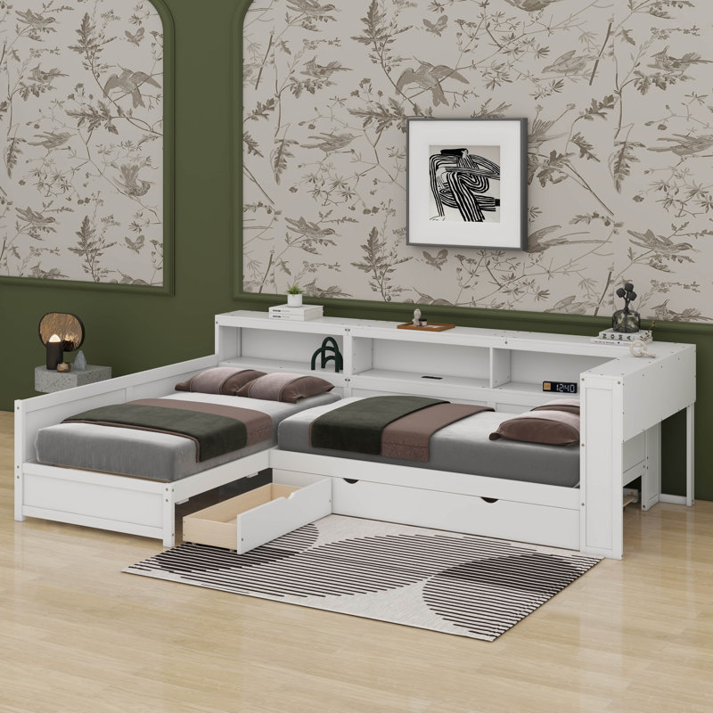 Lit plateforme simple en L en bois avec lit gigogne et tiroir, Blanc