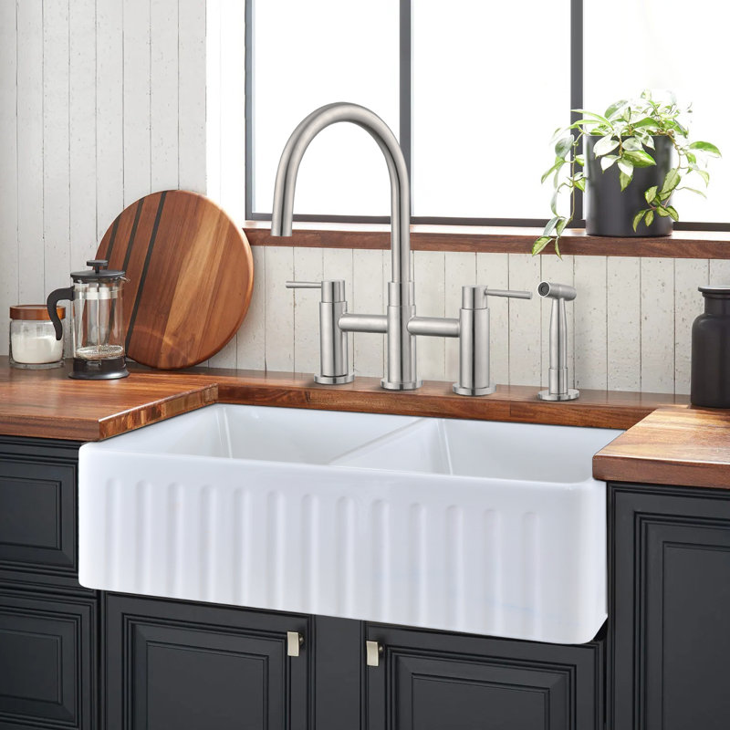 Bridge Kitchen Faucet with Pull Out Side Sprayer, Brushed Nickel