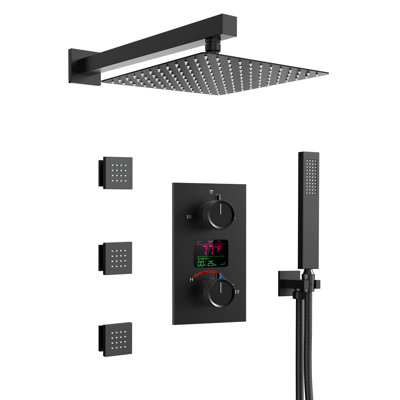 Pressure Balanced LCD Display Shower System 12" Rain Shower Faucet with Rough-in Valve