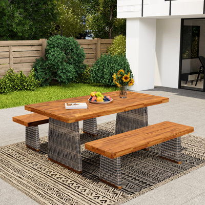 3 pièces pour l'extérieur en bois gris, pieds tissés à la main, nécessitant peu d'entretien et bois, drainage optimisé