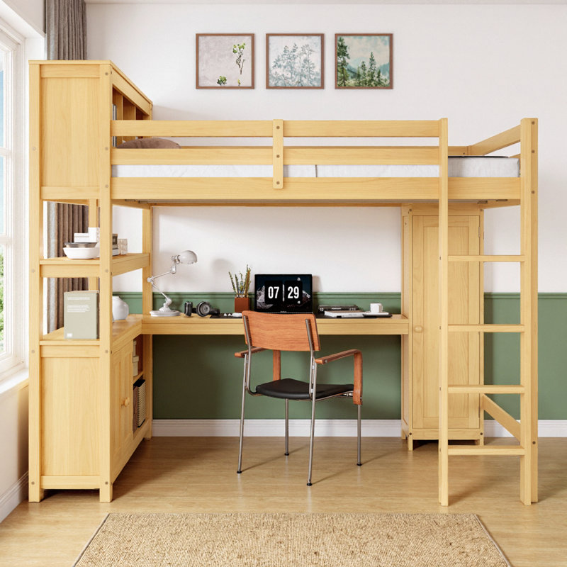 Grand lit mezzanine peu encombrant avec garde-robe, bureau et bibliothèque pour enfants - mobilier de chambre durable