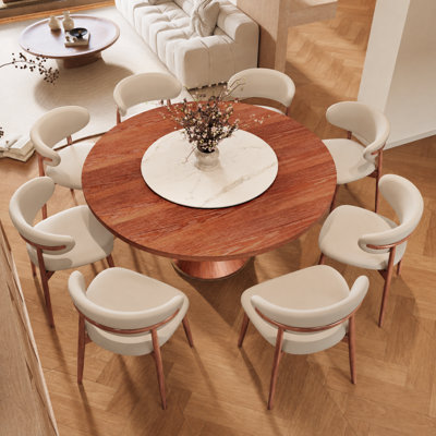 Round Mid-Century Farmhouse Solid Wood Dining Table Set With 360° Silent Turntable