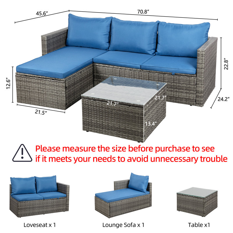 3-Piece Outdoor Sofa Set With Glass Table, Navy