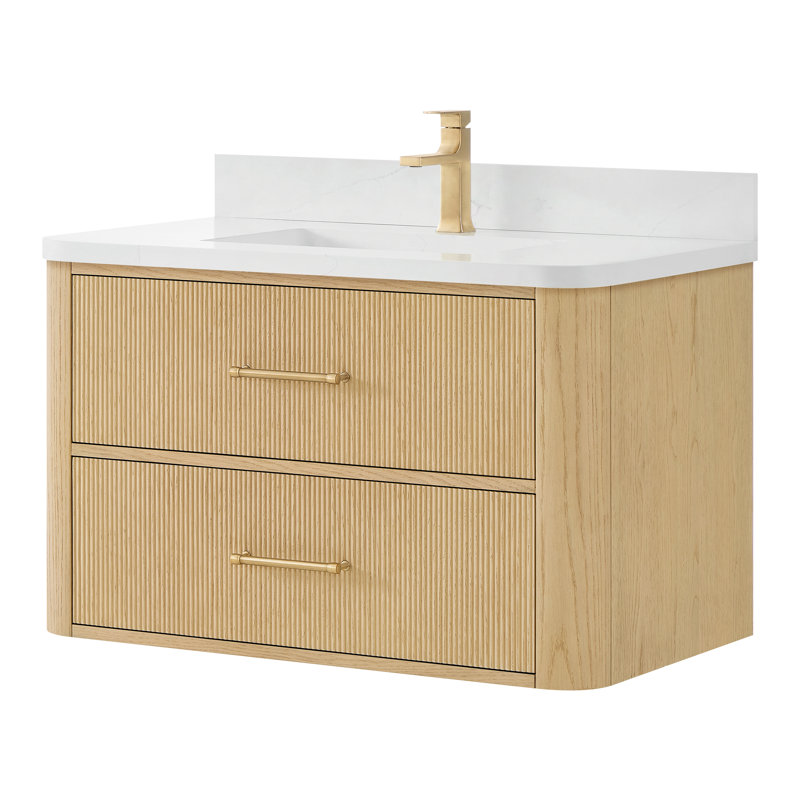 Meuble-lavabo mural simple en chêne scandinave de 36 po Francesca, Beige, Bronze, Quartz Giotto