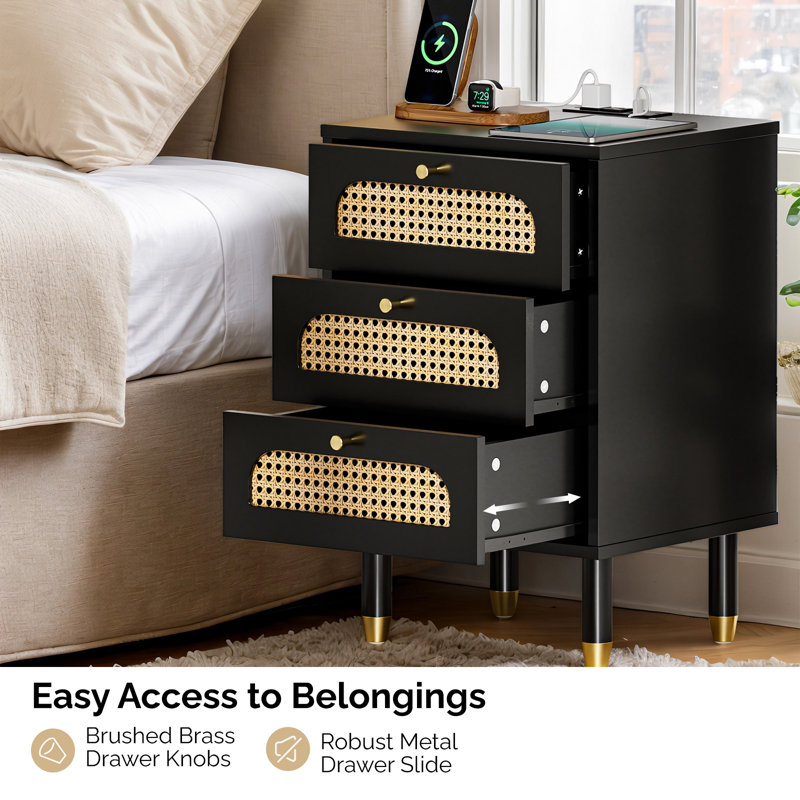 15.75 Inch 3-Drawer Rattan Vredenburgh With US Standard Power Outlet, Black