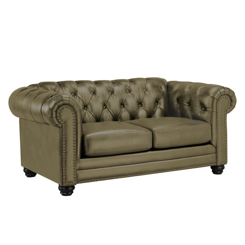 Ornellas 70" Leather Rolled Arm Chesterfield Loveseat, Taupe Leather Match