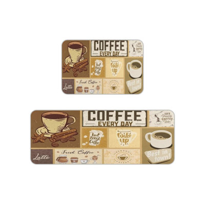 Brown Coffee Quote Kitchen Mats, 2 Pcs Vintage Rugs For Kitchen & Coffee Bar