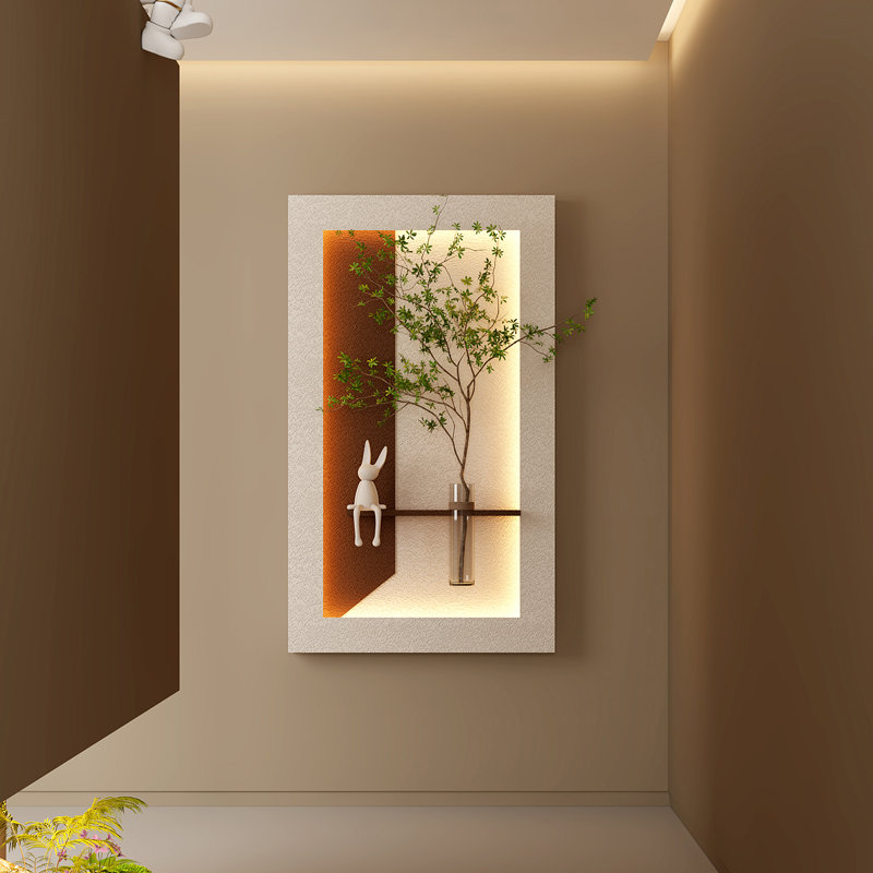 Décoration murale en grès clair café à DEL, sculpture en PVC avec plantes vertes simulées, bande DEL à distance à intensité variable 3 couleurs, couloir de la chambre à coucher du salon