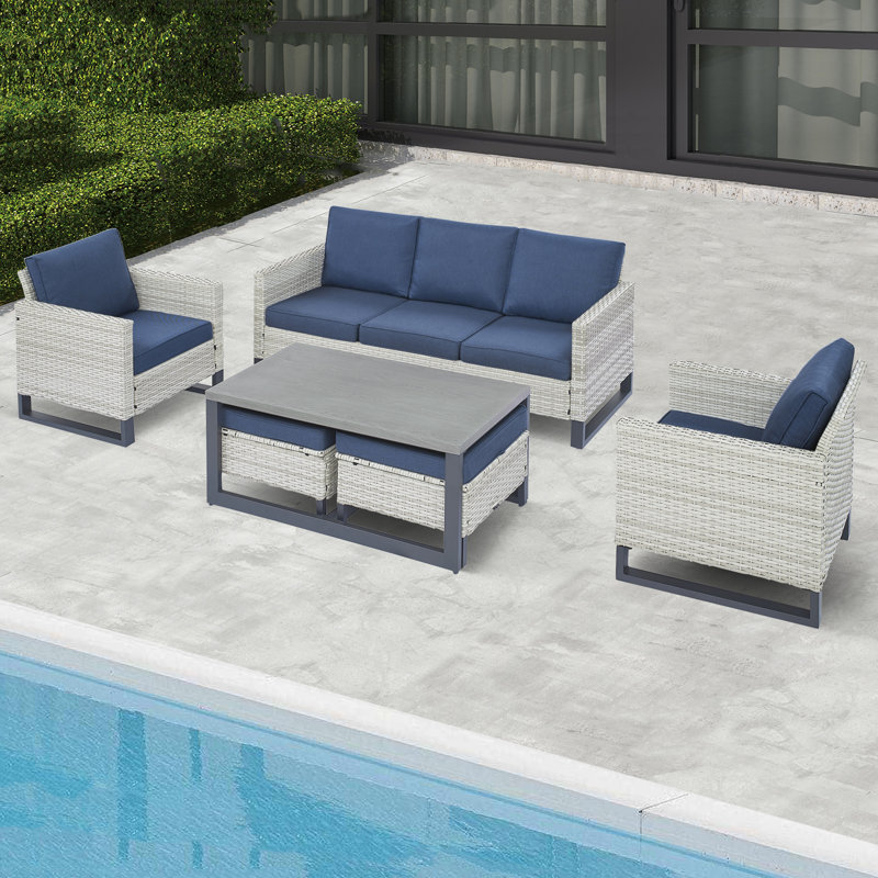 Nazime 6 - Pieces Outdoor Patio Sofa Seating Group with Ottomans and Cushions, Dark Blue/Light Gray