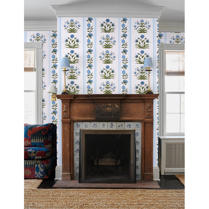 Schumacher x Marie-Anne Oudejans Poppy Stripes Wallpaper, Blue