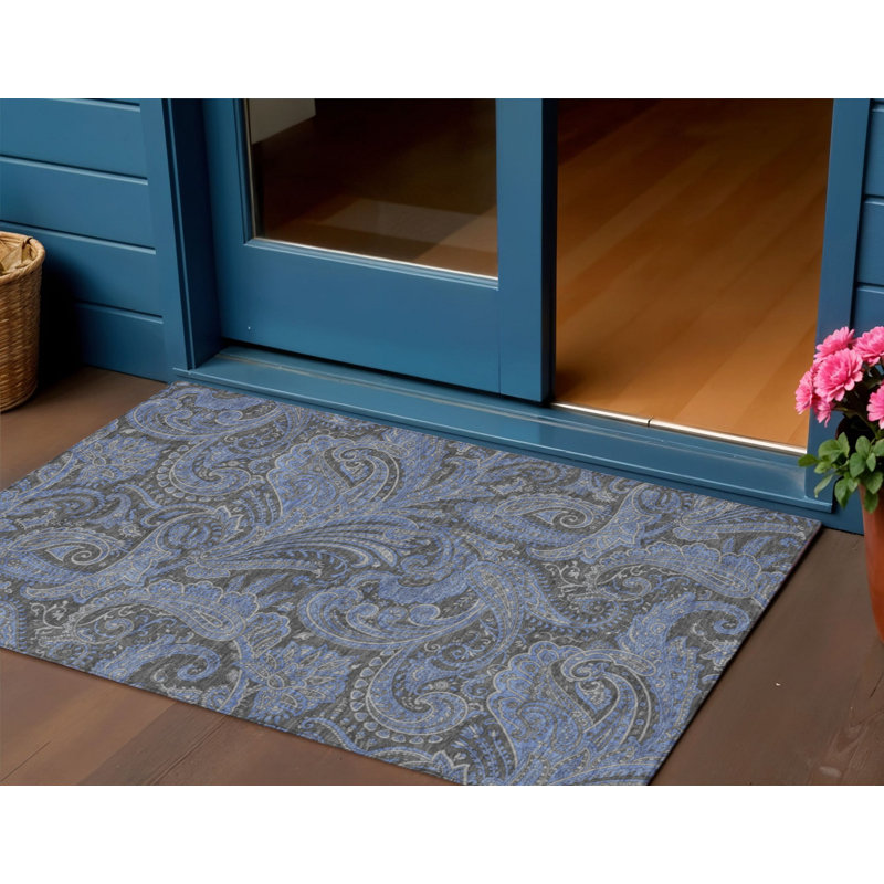3' X 5' Charcoal Gray And Blue Paisley Washable Indoor Outdoor Area Rug