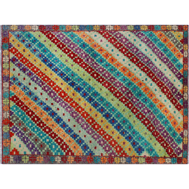 Tapis unique en laine noué à la main bleu / rouge 4 pi 10 po x 6 pi 5 po Devona