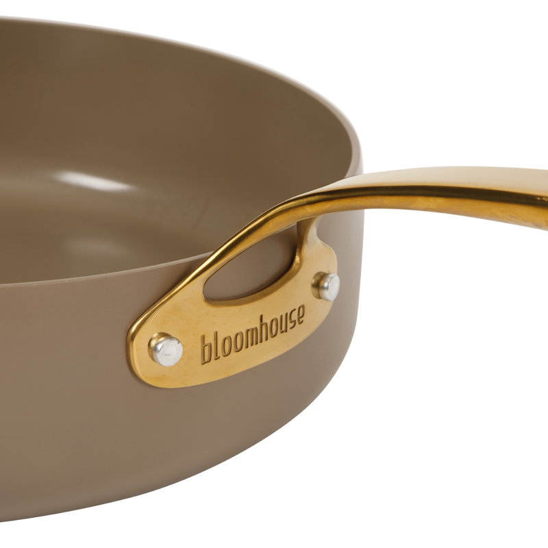 Bloomhouse  6 QT Heavy Duty Aluminum Premium PFA Free Ceramic Nonstick Saute/Deep Frying Pan Skillet with Lid - Linen White with Gold Handle