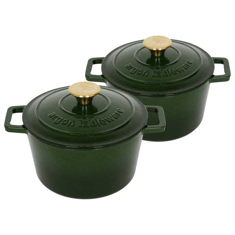 Argon Tableware - Round Cast Iron Casserole Dishes - 2.8L - Pack of 2, Green