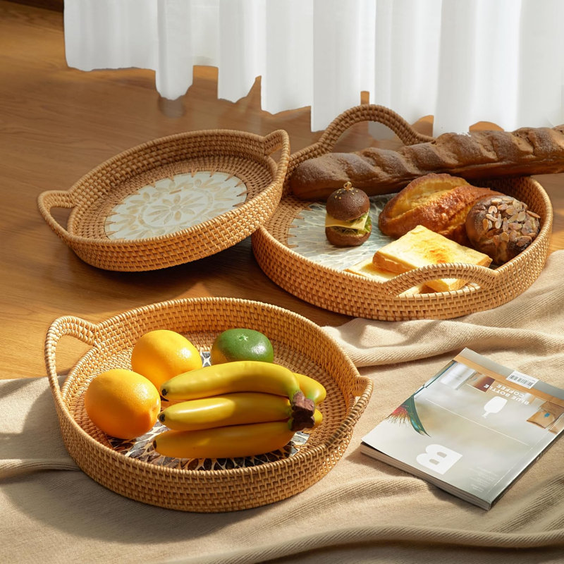 3 Handwoven Round Rattan Trays With Natural Shell Inlay, Boho Decorative Wicker Serving Trays With Handles For Home Decor, Coffee Table, Ottoman, Tea, Patio ， Party