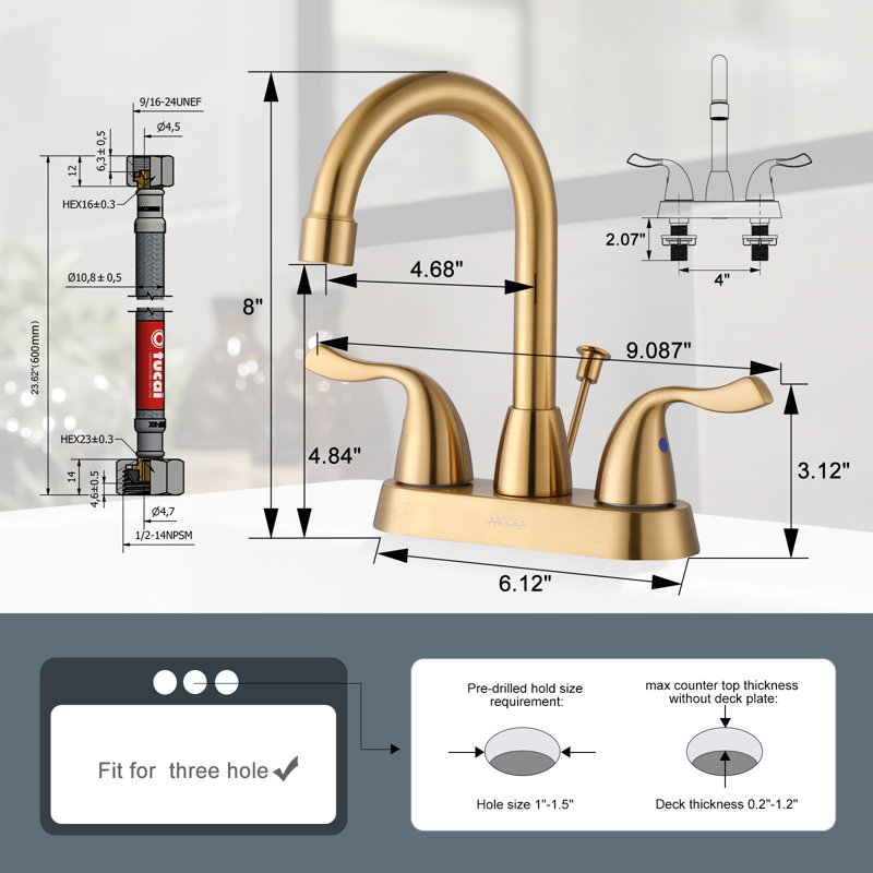 2-handle Bathroom Faucet with Drain Assembly, Gold